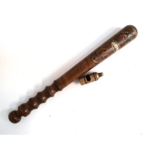 227 - GEORGIAN POLICE TRUNCHEON
with a gilt GR cypher and crown, 39.5cm long, together with a brass whistl... 