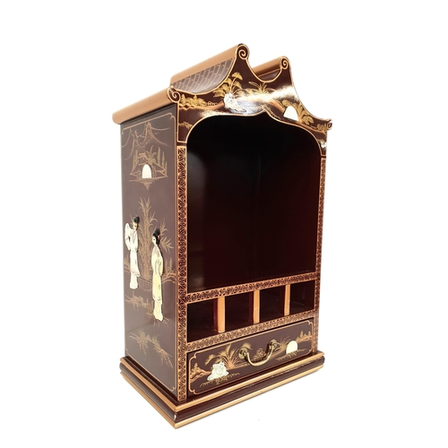 423 - CHINESE RED LACQUER TABLE TOP DISPLAY CASE
of shaped outline with applied simulated mother of pearl ... 