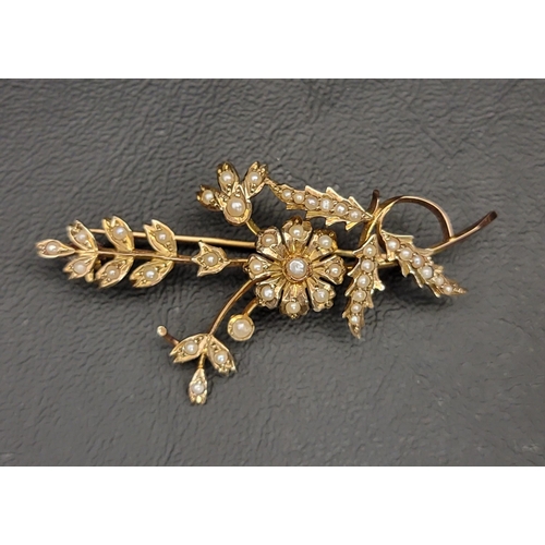 79 - SEED PEARL SET SPRAY BROOCH
in nine carat gold, 5.8cm long and approximately 6.3 grams