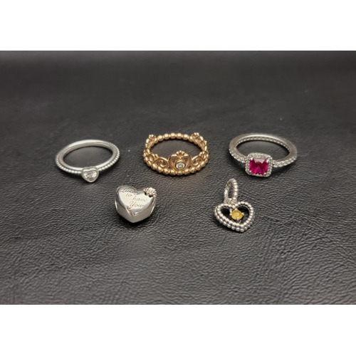 86 - SELECTION OF PANDORA JEWELLERY 
comprising a Princess Tiara Crown ring, a November Birthstone Heart ... 