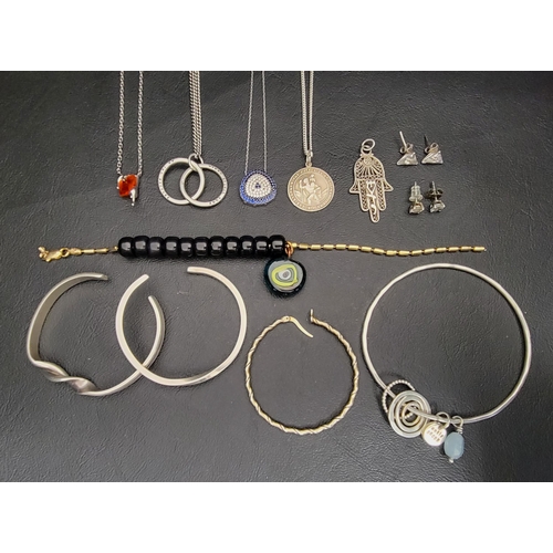 102 - SELECTION OF SILVER JEWELLERY
including cuff bracelets, pendants on chains, stud earrings, a bangle ... 