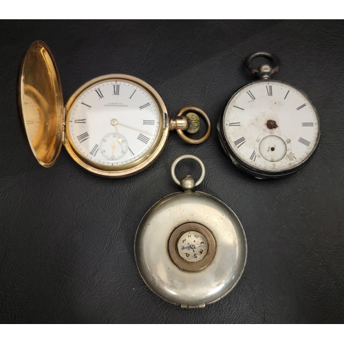 120 - TWO POCKET WATCHES AND A COLLAPSIBLE STIRRUP CUP IN COMPASS DECORATED HOLDER
the pocket watches comp... 