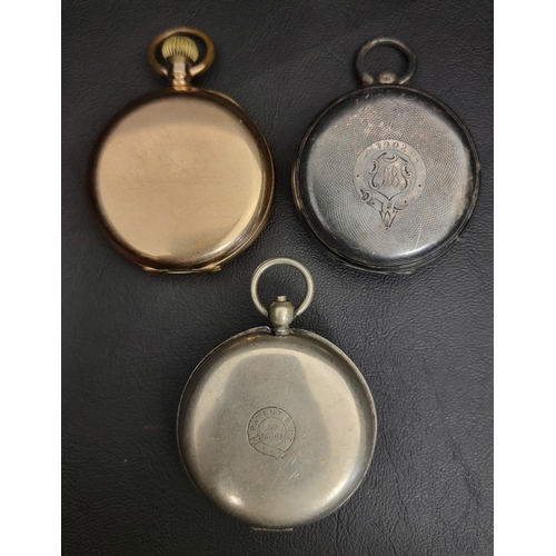 120 - TWO POCKET WATCHES AND A COLLAPSIBLE STIRRUP CUP IN COMPASS DECORATED HOLDER
the pocket watches comp... 