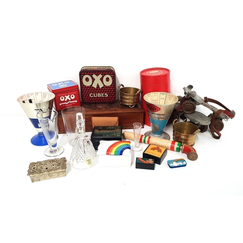 210 - MIXED LOT OF COLLECTABLES
including two Oxo tins, pair of vintage strap on roller skates, carved oak... 