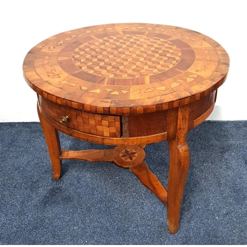 353 - CONTINENTAL PARQUETRY WALNUT AND YEW SIDE TABLE
with a prismatic circular top and an inlaid leaf bor... 