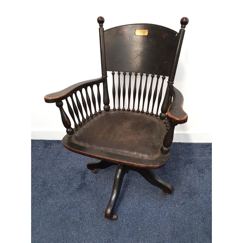 413 - LATE VICTORIAN STAINED OAK OFFICE ARMCHAIR
with a presentation plaque, 'Presented To Dr. J.Munro Cam... 