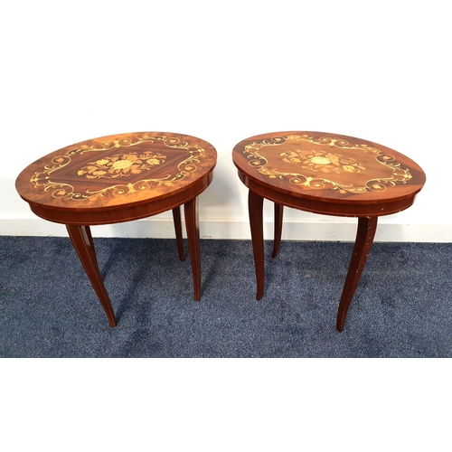 422 - TWO CONTINENTAL WALNUT MUSICAL OCCASIONAL TABLES
with floral inlaid oval lids, standing on cabriole ... 