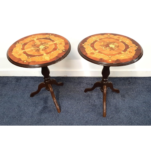 426 - TWO CONTINENTAL WALNUT WINE TABLES
each with a circular floral inlaid top on a turned column with a ... 