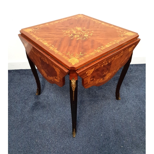 428 - CONTINENTAL WALNUT AND INLAID OCCASIONAL TABLE
with a square top with four inlaid drop flaps, standi... 