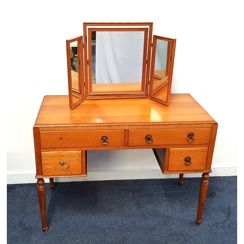 443 - OAK KNEEHOLE DRESSING TABLE
now lacking its original mirror back, with a pine triptych mirror above ... 