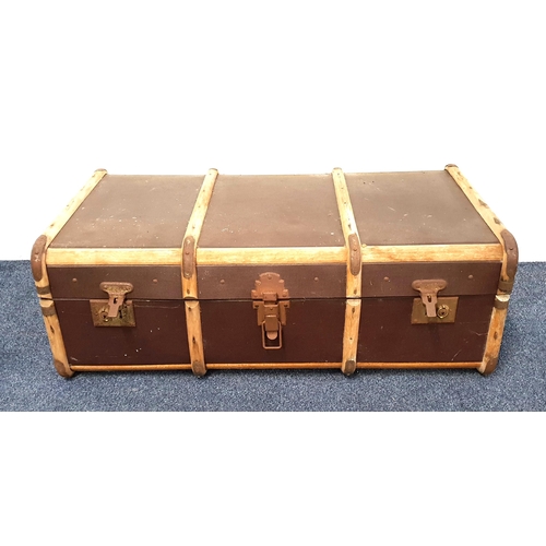 VINTAGE TRAVEL TRUNK
with wood banding and side carrying handles, 32.5cm x 92cm x 53.5cm