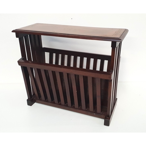 339 - TEAK AND BRASS INLAID MAGAZINE RACK
with a rectangular top above two slatted divisions, 43.5cm high