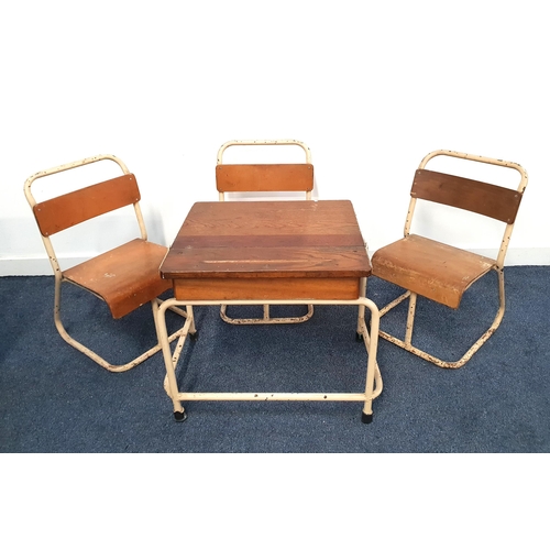 343 - VINTAGE CHILD'S ELM SCHOOL DESK
with a pen trough above a lift up lid, on a cream painted metal fram... 