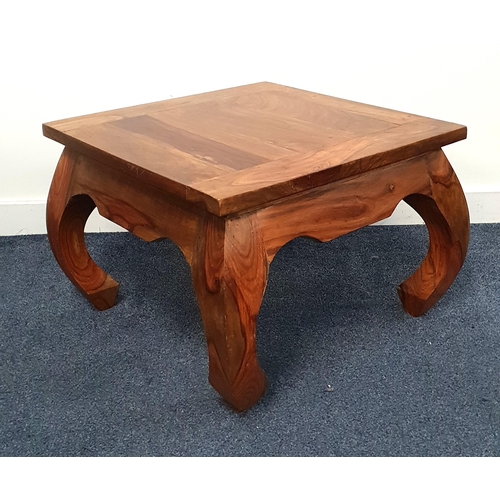 364 - TEAK OCCASIONAL TABLE
with a square top above a shaped frieze, standing on shaped supports, 42cm x 6... 