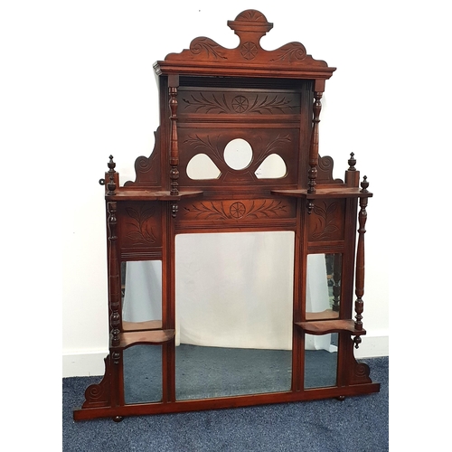 381 - EDWARDIAN MAHOGANY OVERMANTLE MIRROR
with a carved and shaped top rail above three shaped mirrors wi... 