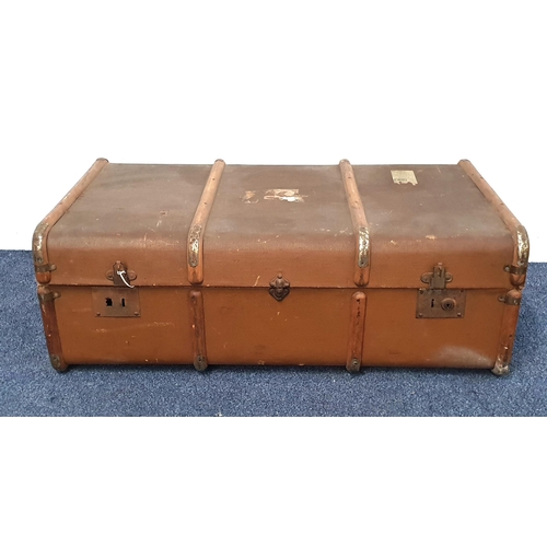 393 - VINTAGE TRAVEL TRUNK
with a banded body and lift up lid with side carrying handles, 32cm x 92cm x 54... 