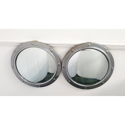 415 - PAIR OF CIRCULAR WALL MIRRORS
with convex plates in chrome frames, 37cm diameter (2)