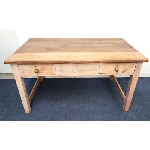 378 - WAXED PINE FARMHOUSE TABLE
with a rectangular top above two frieze drawers, standing on plain suppor... 