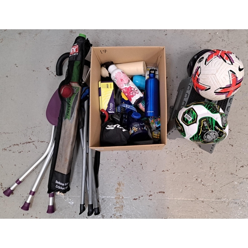 17 - ONE BOX OF SPORTING AND LEISURE ITEMS AND MISCELLANEOUS ITEMS
including collapsible stool, footballs... 