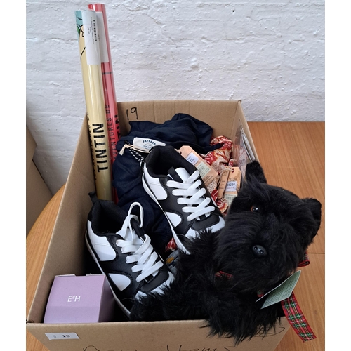 ONE BOX OF NEW ITEMS
including Tintin posters, trainers, diffuser, makeup, 2024 calendar, socks, Fat Face dresses (sizes 16 & 18), soft toy