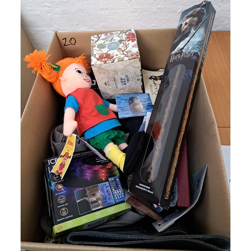 20 - ONE BOX OF NEW ITEMS
including wellies, clothing, souvenirs, LED colour changing strip light, soft t... 