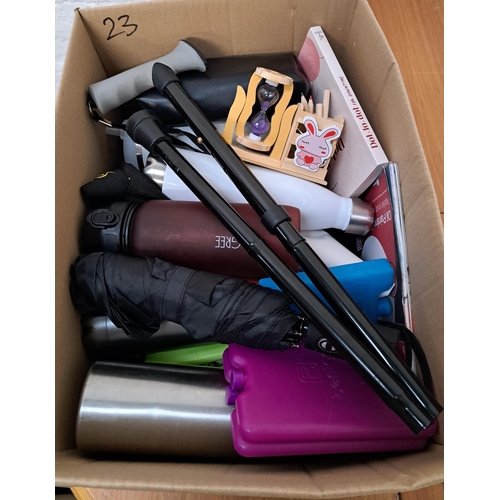 ONE BOX OF MISCELLANEOUS ITEMS
including umbrellas, walking stick, water bottles, stationary, luggage scale