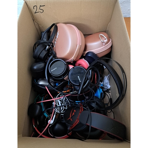 25 - ONE BOX OF HEADPHONES
including in-ear and on-ear