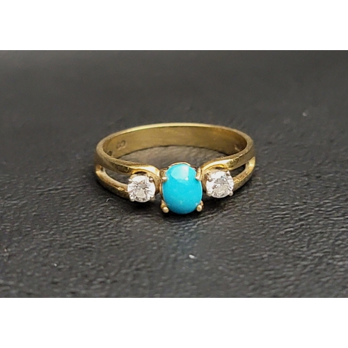 47 - TURQUOISE AND DIAMOND THREE STONE RING
the central oval cabochon turquoise flanked by round cut diam... 
