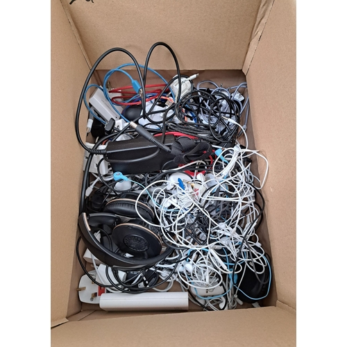 26 - ONE BOX OF CABLES, PLUGS, CHARGERS AND HEADPHONES
including approximately one powerbank