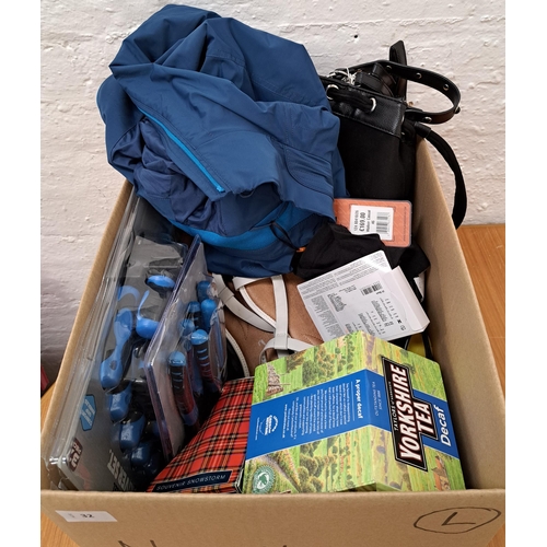 32 - ONE BOX OF NEW ITEMS
including clothing, tools, sandals, souvenirs, handbag