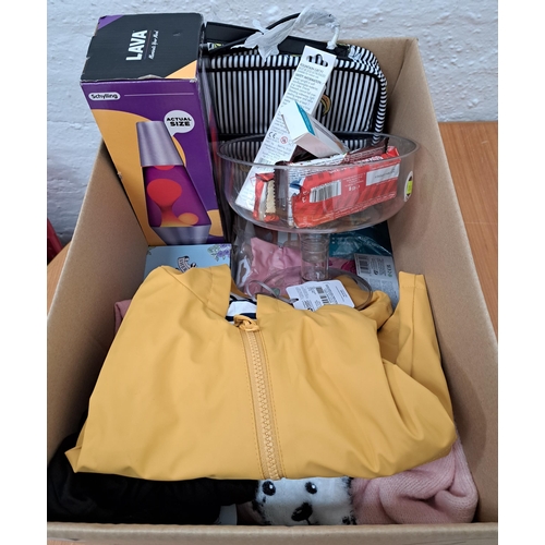 33 - ONE BOX OF NEW ITEMS
including clothing, lava lamp, souvenirs, toiletry bag