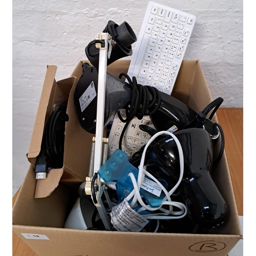 ONE BOX OF ELECTRICAL ITEMS
including lamps, clothes steamer, keyboard, hair styling brush, hair shavers/trimmers