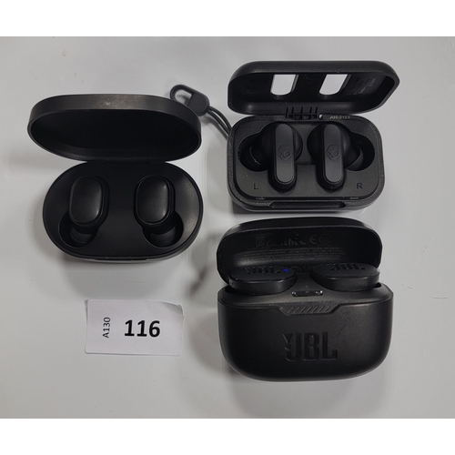THREE PAIRS OF EARBUDS IN CHARGING CASES
comprising JBL, Mi and Skullcandy