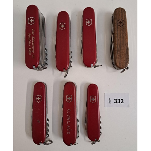 SEVEN VICTORINOX SWISS ARMY KNIVES
of various sizes and designs, some with personalisation 
Note: You must be over the age of 18 to bid on this lot.