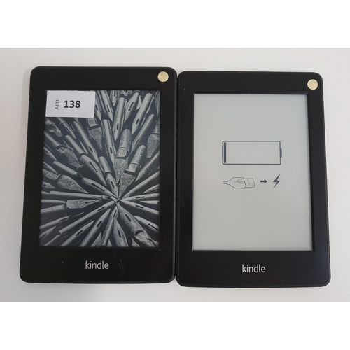TWO AMAZON KINDLE PAPERWHITE E-READERS
serial numbers B024 1604 3052 098A and B024 1503 2527 03KF (2)
Note: It is the buyer's responsibility to make all necessary checks prior to bidding to establish if the device is blacklisted/ blocked/ reported lost. Any checks made by Mulberry Bank Auctions will be detailed in the description. Please Note - No refunds will be given if a unit is sold and is subsequently discovered to be blacklisted or blocked etc.
