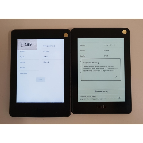 TWO AMAZON KINDLE PAPERWHITE E-READERS
comprising one Paperwhite 3, serial number G090 G105 5437 0ABU; and a Paperwhite 4, serial number G000 PP10 8474 0969 (2)
Note: Paperwhite 3 has some bubbling/peeling to edge
Note: It is the buyer's responsibility to make all necessary checks prior to bidding to establish if the device is blacklisted/ blocked/ reported lost. Any checks made by Mulberry Bank Auctions will be detailed in the description. Please Note - No refunds will be given if a unit is sold and is subsequently discovered to be blacklisted or blocked etc.