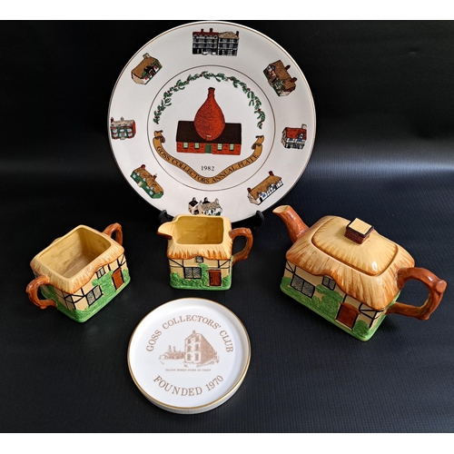 SELECTION OF GOSS WARE
comprising a Goss Collectors' Club dish founded 1970, Goss Collectors Annual Plate 1982, Cottage Pottery tea pot, milk jug and sugar bowl (5)