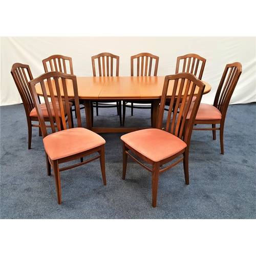 G PLAN TEAK DINING TABLE AND STAG CHAIRS
the table with a pull apart top and fold out leaf, standing on two columns with splayed feet, 200cm long extended, together with a set of eight Stag teak dining chairs with slatted backs above padded seats, standing on tapering front supports