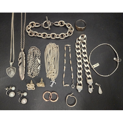 SELECTION OF SILVER JEWELLERY
including neck chains, stud earrings, pendants on chains, nine carat gold plated signet ring, hoop earrings and chain bracelets
