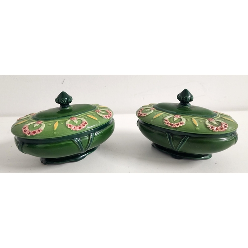 194 - PAIR OF EICHWALD POTTERY BOWLS
of oval form, the green glazed lids decorated with wreaths, the bases... 