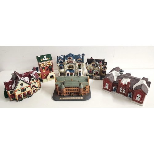 FIVE POTTERY ILLUMINATED CHRISTMAS HOUSES
comprising Rose Creek Cottage, Christmas Shoppe, a part brick and timber clad Bed and Breakfast, Royal Coach Hotel and the School, with one power lead, together with a detailed model of Charles Rennie Mackintosh Scotland Street School (6)