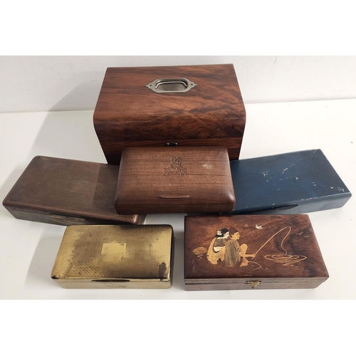 SELECTION OF BOXES
comprising a teak cigarette box with the crest of the Royal Army Pay Corps, Indian teak pen box, three metal cigarette boxes and a walnut sewing box with a satin lined interior (6)