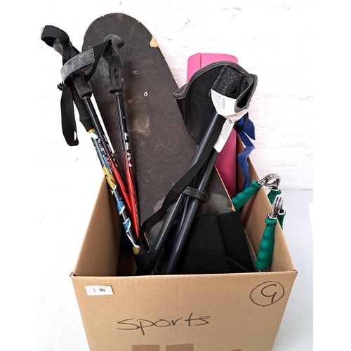 35 - ONE BOX OF SPORTING AND LEISURE ITEMS
including hiking poles, yoga mat, skate board, hand exercisers