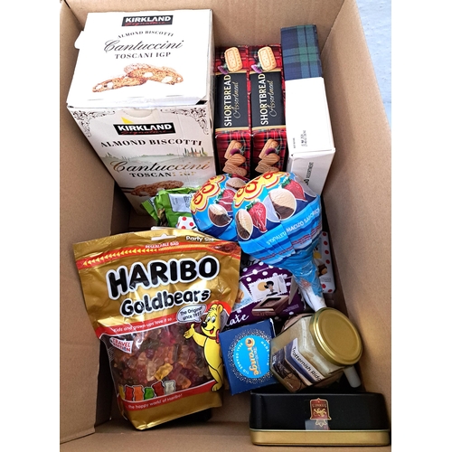 36 - ONE BOX OF CONSUMABLE ITEMS
including shortbread, Haribos, honey, chocolate, sweets