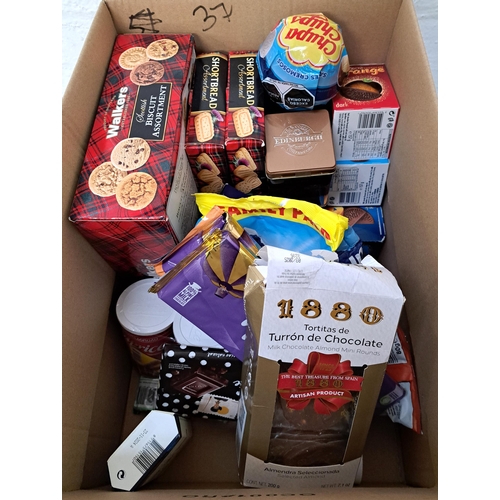 37 - ONE BOX OF CONSUMABLE ITEMS
including shortbread, muesli, tea, chocolate, sweets
