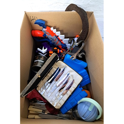 44 - ONE BOX OF MISCELLANEOUS ITEMS
including Nerf guns, dart sets, weights, tent pegs, Barbour wax, larg... 