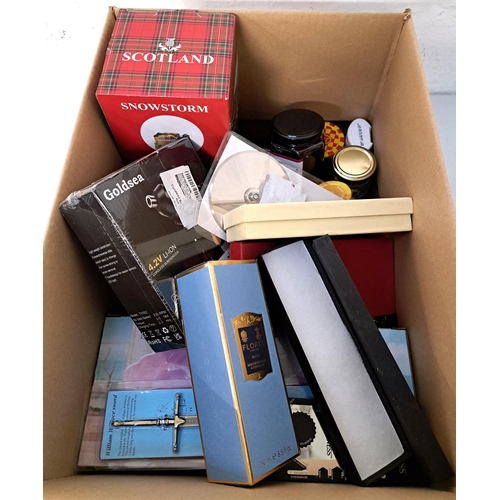 ONE BOX OF NEW ITEMS
including pizza cutters, snow globes, shell lamps, mini drill, jam, honey