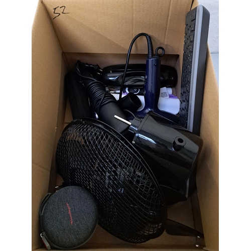 ONE BOX OF ELECTRICAL ITEMS
including toothbrushes, hair trimmers, hair dryer, GHD straighteners, fan, speaker