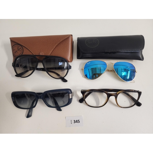 FOUR PAIRS OF DESIGNER GLASSES AND SUNGLASSES
comprising two pairs of Ray-Ban sunglasses, Emporio Armani sunglasses and glasses, Ray-Bans in cases