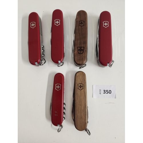 350 - SIX VICTORINOX SWISS ARMY KNIVES
of various sizes and designs, some with personalisation 
Note: You ... 